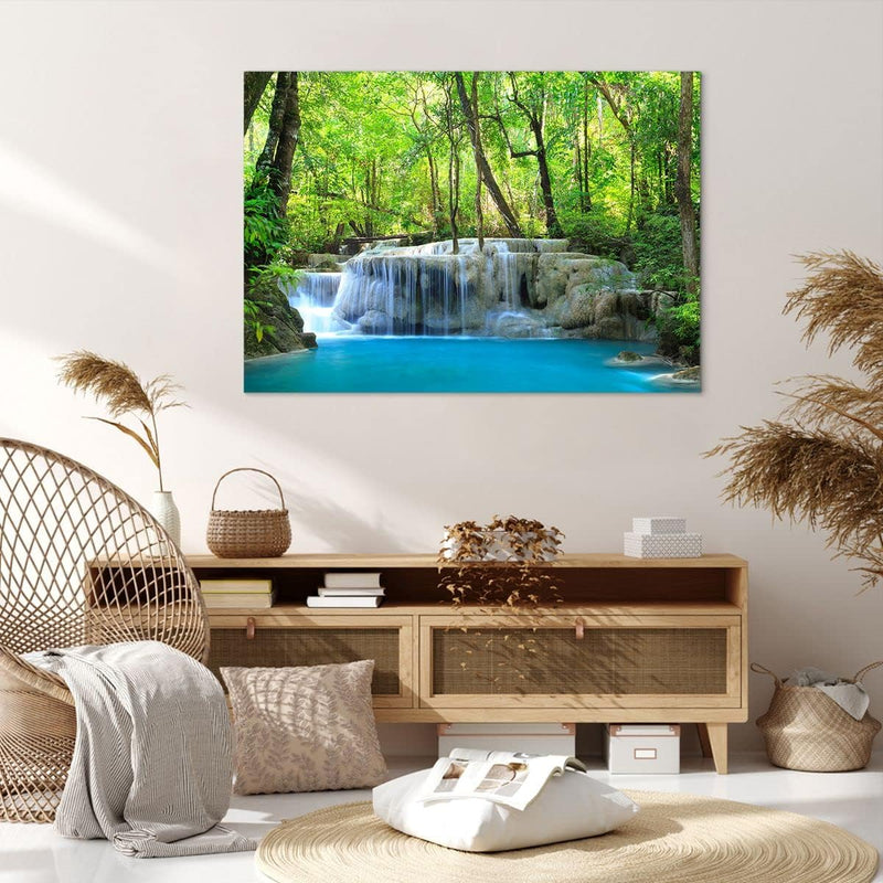 ARTTOR Bilder auf Leinwand 100x70cm Leinwandbild Wasserfall Wald Umwelt Gross Wanddeko Bild Schlafzi