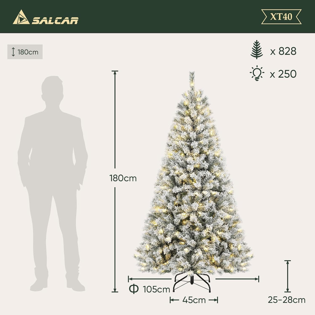 SALCAR 180 cm Künstlicher Weihnachtsbaum mit Schnee und Beleuchtung, Tannenbaum mit 828 Spitzen und