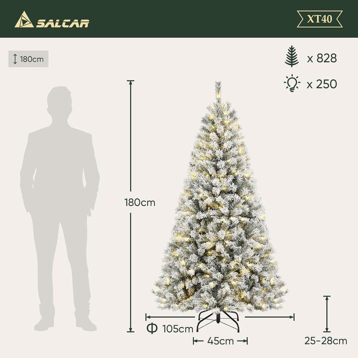 SALCAR 180 cm Künstlicher Weihnachtsbaum mit Schnee und Beleuchtung, Tannenbaum mit 828 Spitzen und