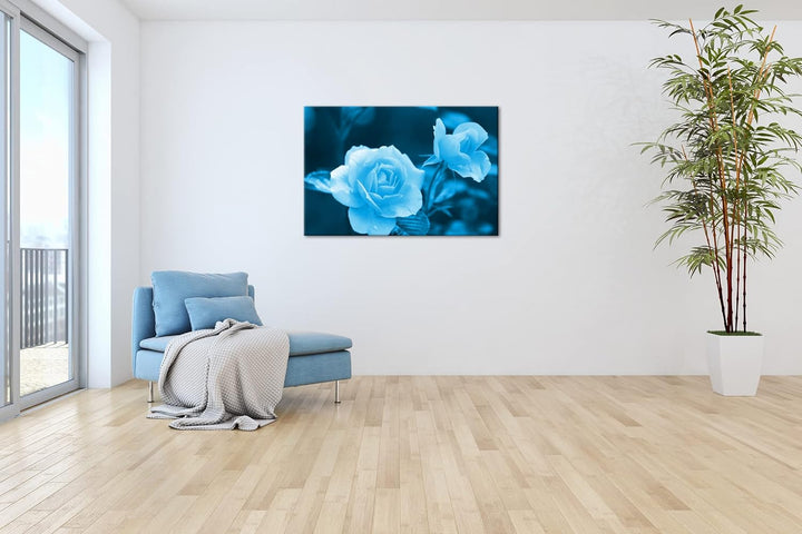 deyoli schöne orangene Blumen Format 80x60 Effekt: Monocrome Blau als Leinwandbild, Motiv fertig ger