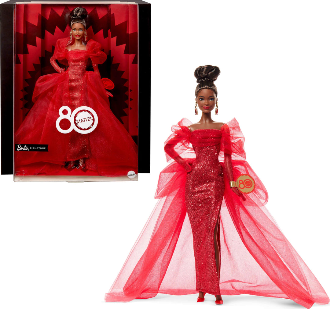Barbie Signature Puppe, Sammelfigur zum 80. Jubiläum von Mattel in glitzerndem rotem Tüllkleid mit t