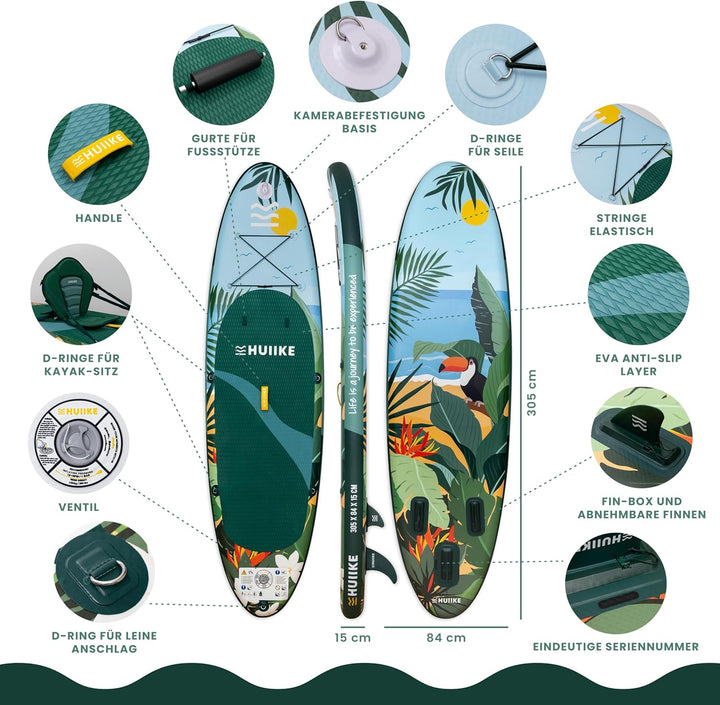 HUIIKE Stand Up Paddling Board mit Zubehör, Paddel, Finnen, Pumpe. Paddle Sup Board Aufblasbar Hohe