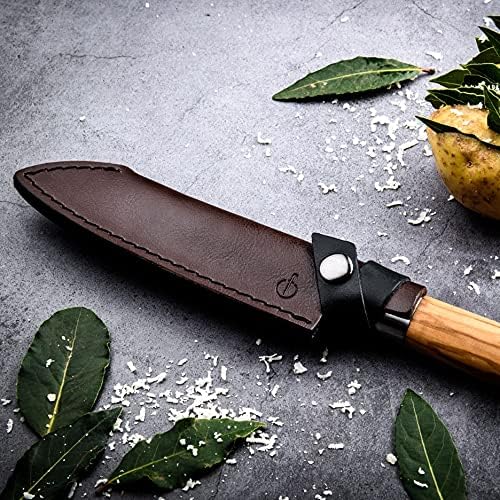 Forged Klingenschützer, Santoku Messer von 14cm, Aus braunem Leder, Mit Druckknopfverschluss
