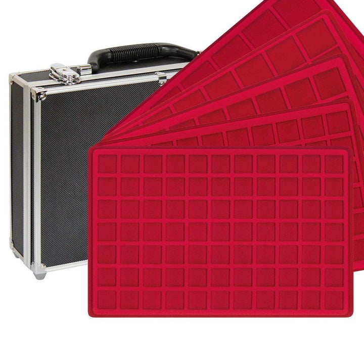 LINDNER Das Original Grosser Münzen-Sammelkoffer mit 8 roten Münztableaus in 5 verschiedenen Tableau