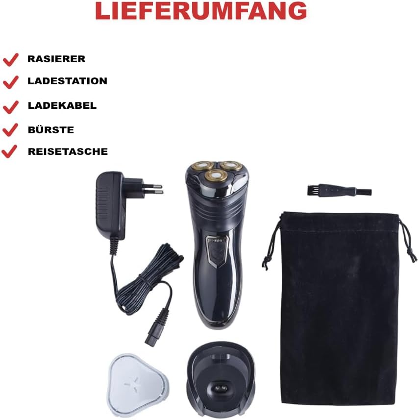 EUROtops Herren Elektro-Rasierer mit 3 Scherköpfen – LC-Display/Lade-Station, Kabelloser Nass- / Tro