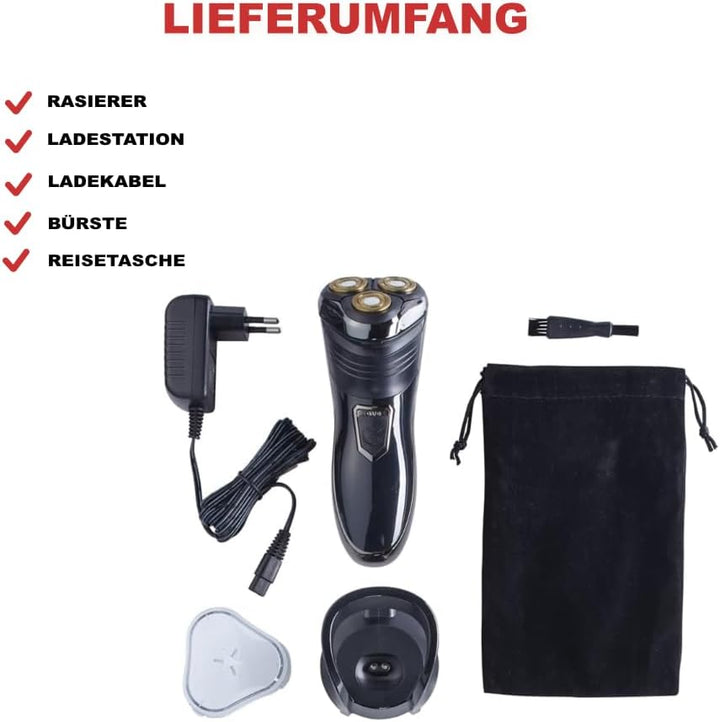 EUROtops Herren Elektro-Rasierer mit 3 Scherköpfen – LC-Display/Lade-Station, Kabelloser Nass- / Tro
