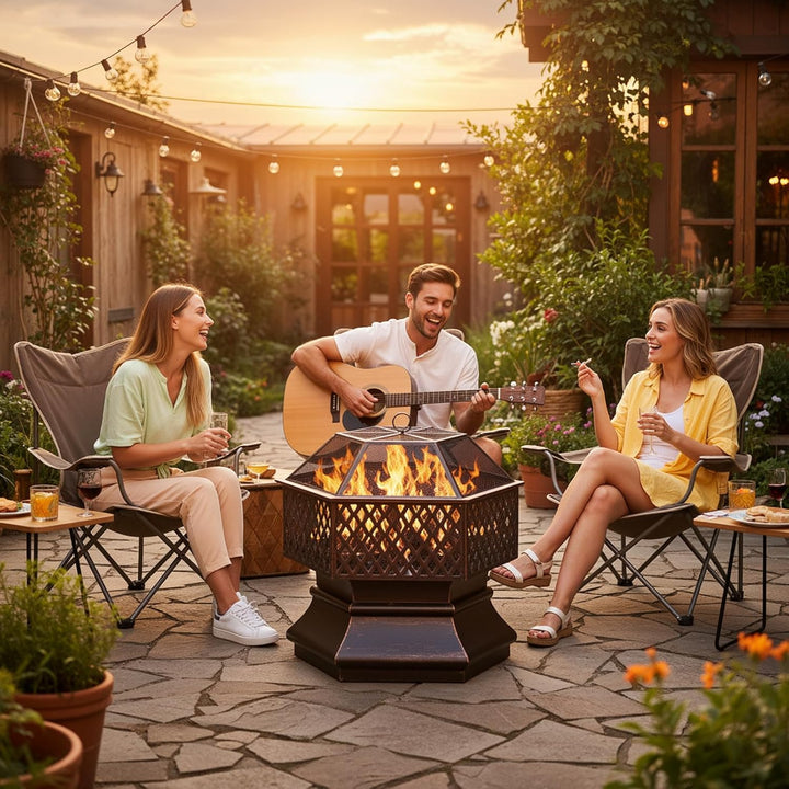 Feuerschale mit Grillrost, Feuerkorb mit Funkenschutz, Feuerschalen für den Garten, Sechseckige Feue