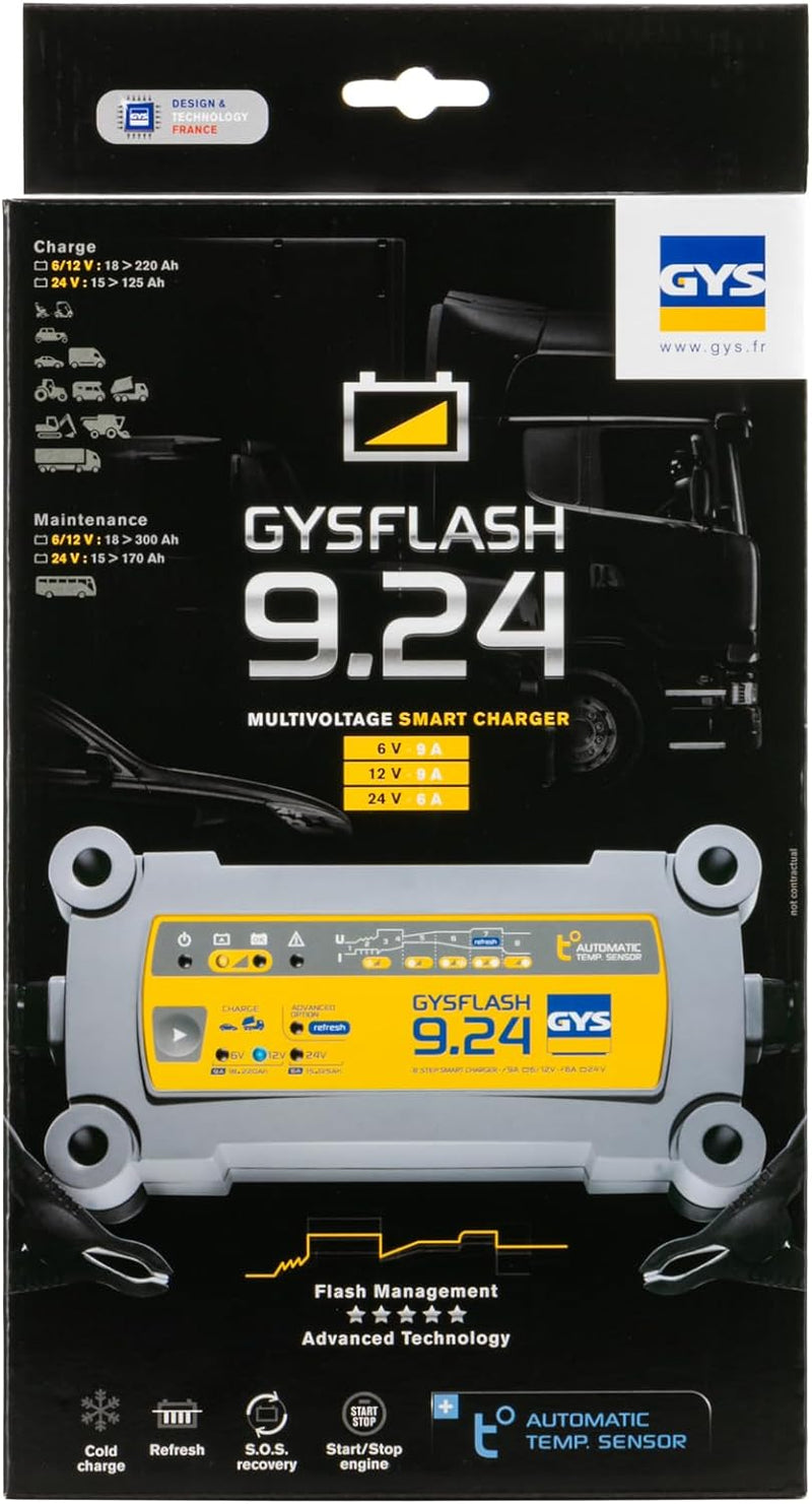 GYS – GYSFLASH 9.24 – Ladegerät/Aufrechterhaltung – Inverter – 230 V – Lieferung mit Anschlussklemm,