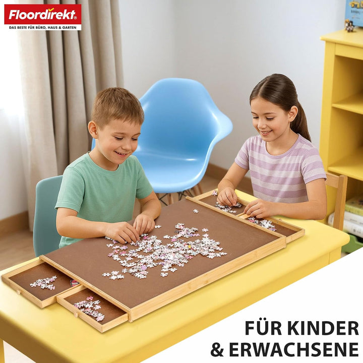 Floordirekt Puzzletisch mit Schubladen, 76x57cm Tragbares puzzlebrett für Puzzle bis 1000 aus Bambus