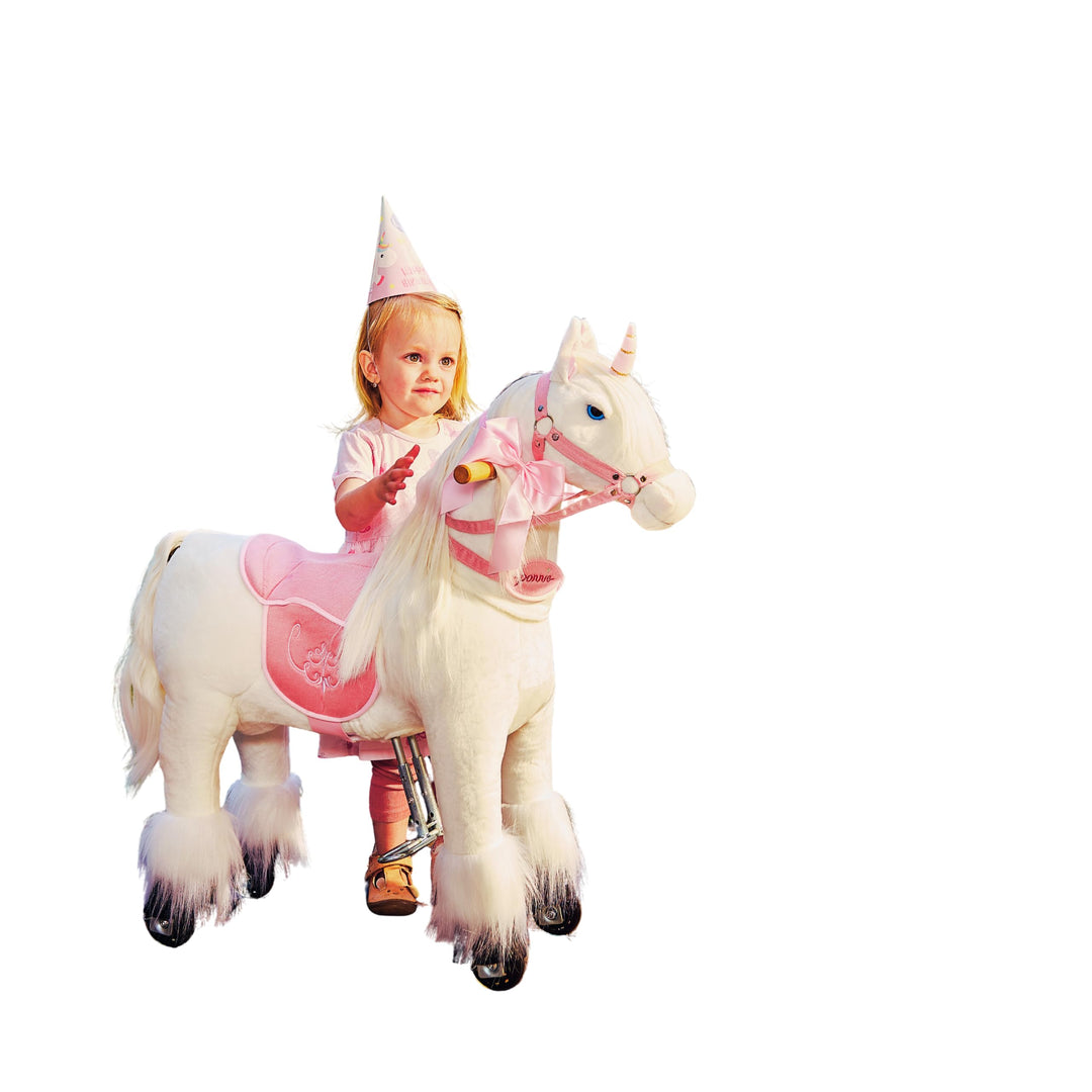 PONNIE Einhorn mit Rollen S (3-6 Jahre), Unicorn zum Reiten mit Abnehmbarer Rosa Sattel und Halfter