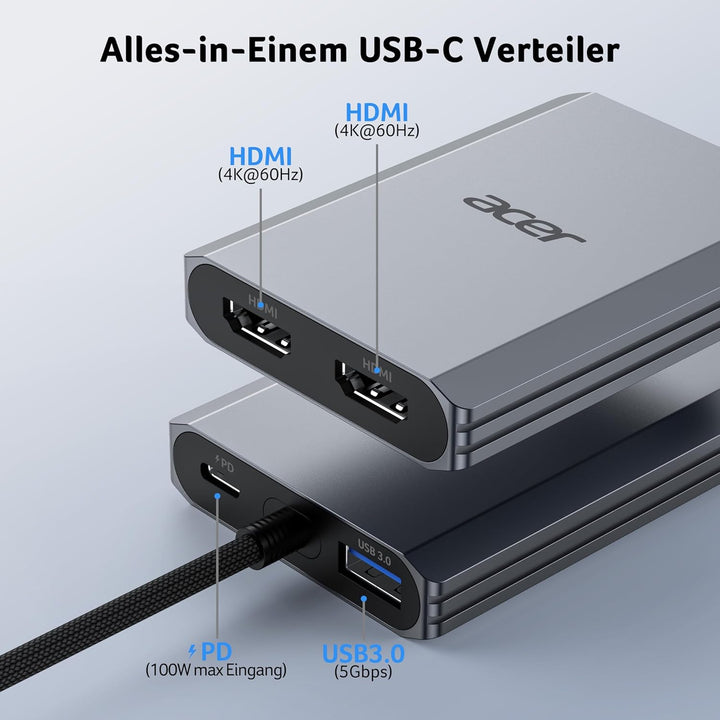 acer USB C auf Dual HDMI Adapter 4K@60Hz, 4-in-1 USB C Hub Multiport Adapter mit 100W PD, USB 3.0, H