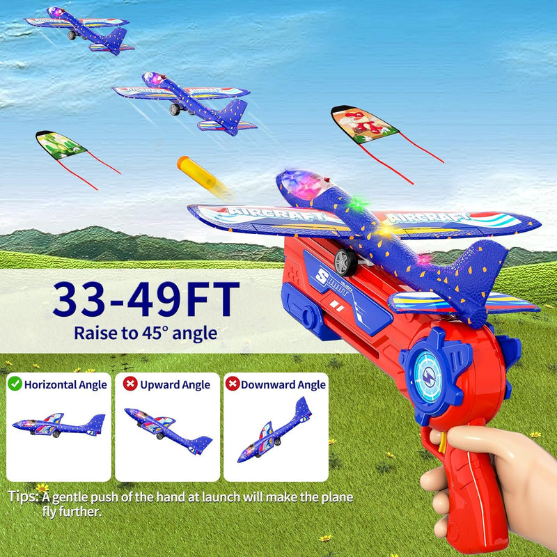 Doloowee 4 IN 1 Airplane Launcher Spielzeug, LED-Schaum Gleiter Flugzeug Katapult, 3 Flugmodi, Outdo