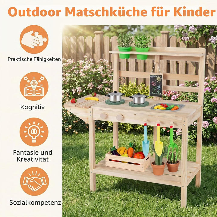 HOMASIS Kinderspielküche, Outdoor-Matschküche mit Herd, Spüle, Drehknöpfen und Kreidetafel, Kochspie