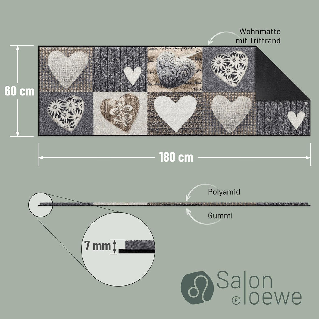 Salonloewe Fussmatte waschbar Alpenglück Herzen 60x180 cm Wohn-Teppich Flur-Läufer grau-beige Landha