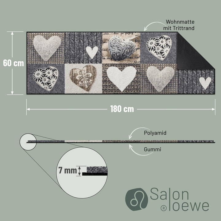 Salonloewe Fussmatte waschbar Alpenglück Herzen 60x180 cm Wohn-Teppich Flur-Läufer grau-beige Landha