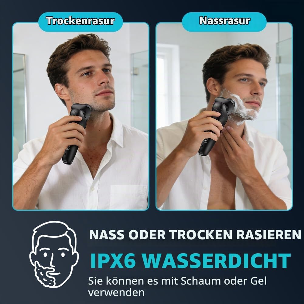 Aolso Rasierer Herren Elektrisch, 3 IN 1 Elektrorasierer mit Nasen-/Kotelettenaufsatz, IPX6 Waterpro
