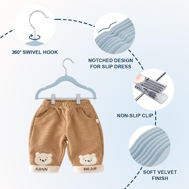 Wellong Baby-Kleiderbügel mit Clips, 14 Stück KinderKleiderbügel aus Samt, Strapazierfähige Kleiderb