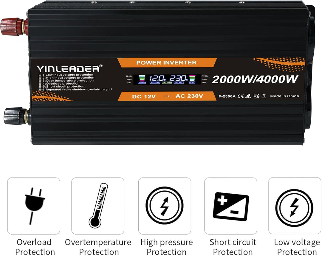 Yinleader Wechselrichter 12V 230V 2000W Spannungswandler mit LCD Display DC 12V auf 230V AC Spitzenl