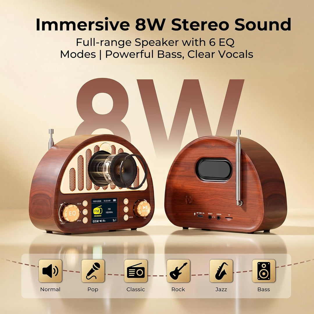 ROCAM DAB+/UKW Radio, Retro Radio mit Bluetooth 5.0, 8W Full Sound Lautsprecher, 3000mAh Akku, 2" Fa