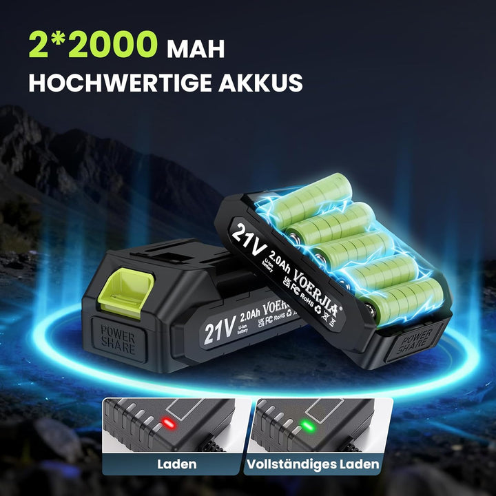 21V Akku bohrhammer, Bürstenlose Akkuschrauber Set mit 2 * 2000 mAh Akku, 3/8" Bohrfutter, 21+3 Dreh
