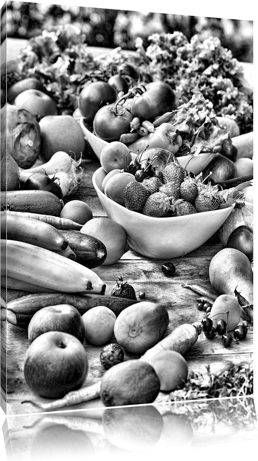 Pixxprint Monocrome, Buntes Obst und Gemüse, Format: 100x70 auf Leinwand, riesige Bilder fertig gera