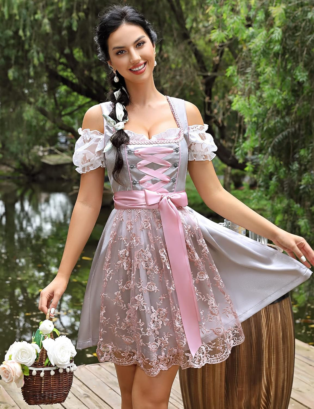 KOJOOIN Damen Dirndl Trachtenkleid Kurz Set 3tlg. für Oktoberfest inkl. Dirndl Kleid,Dirndlschürze,D