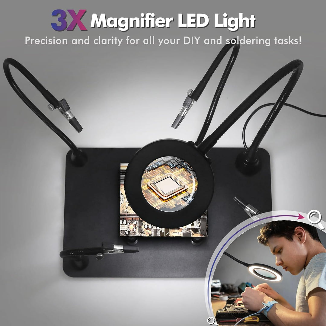 Magnetische helfende Hand, lötende Dritte Hände mit 3X LED Lupenlampe, 4 PCB Säulen Leiterplattenhal