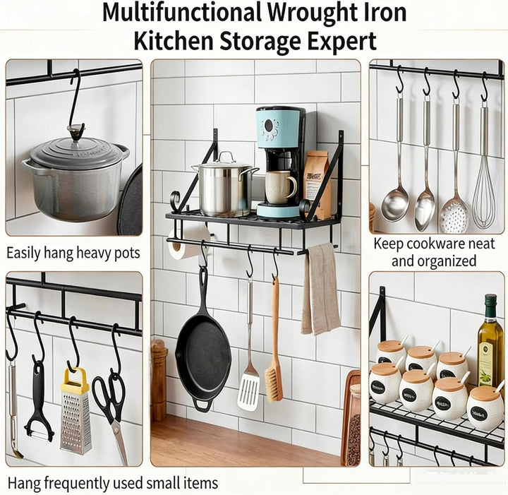 Wandmontaged Pot Rack Lagerregal, Topfstangen für Küchenpfanne Organizer mit 10 Haken und Accessoire