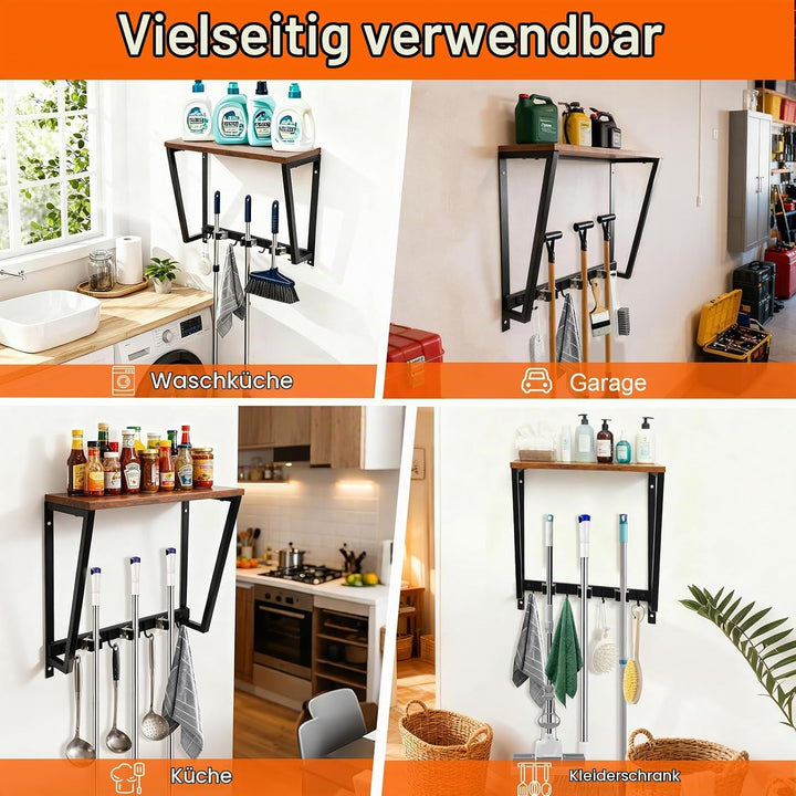 CASDUCT Besenhalterung Wand, 4 Haken + 3 Clips, Schwarz, Schwerlast Gerätehalter mit Einem Ablagefac