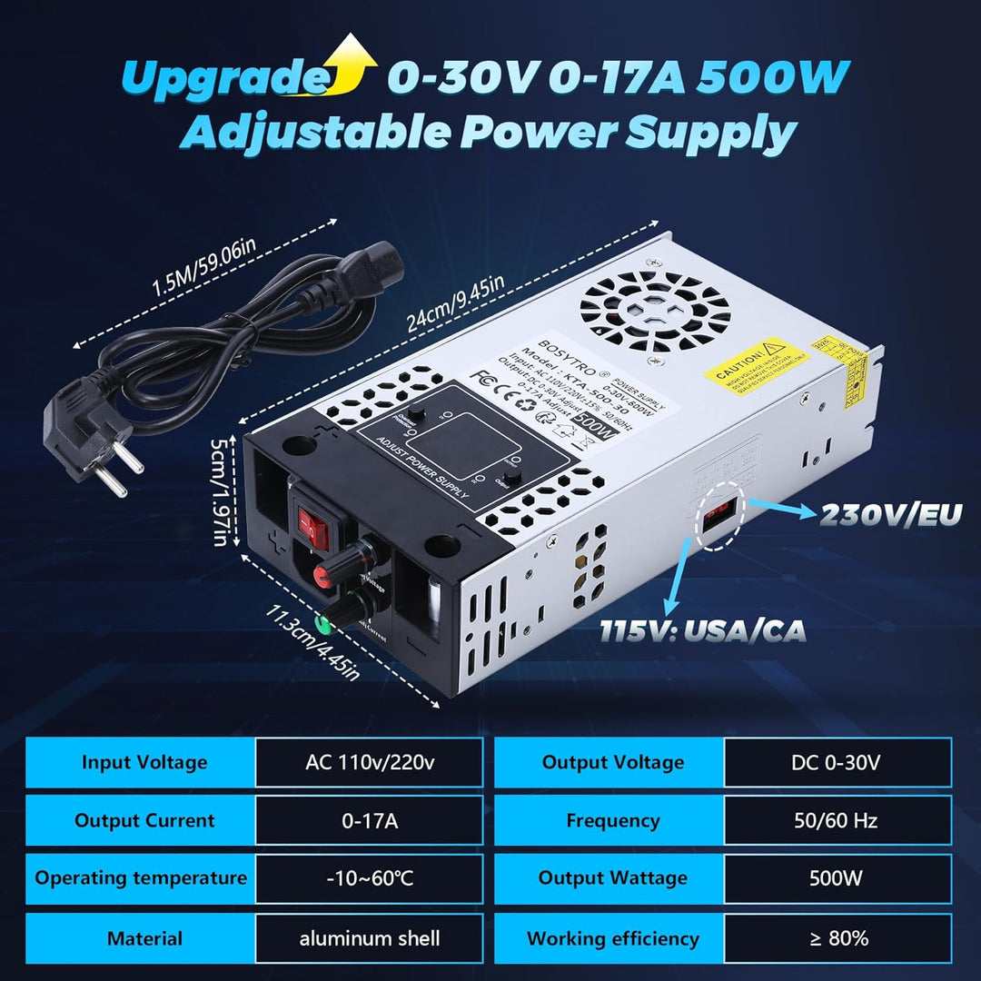 Upgraded Einstellbar Netzteil 0-30V 0-17A 500W Schaltnetzteil Trafo 230v auf 12V 24v 30V Transformat