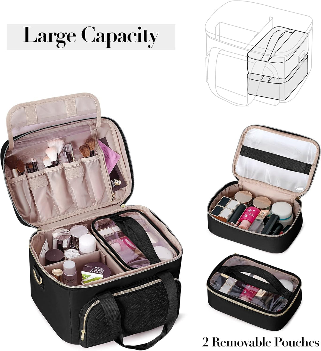Makeup Tasche Reisetasche mit 2 einzelnen Kosmetiktaschen, grosser Makeup Organizer für Frauen, Schw