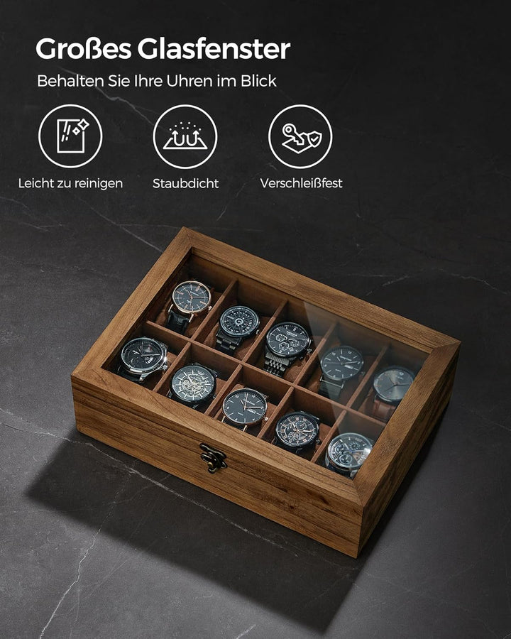 SONGMICS Uhrenbox mit 10 Fächern, Uhrenkasten aus Massivholz, mit Glasdeckel, Uhrenkissen, Geschenk