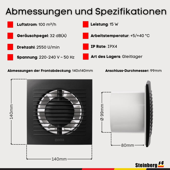Steinberg14 Abluftventilator Ø 100mm Anthrazit Badlüfter Fan - Ventilator zur Belüftung in Bad und W