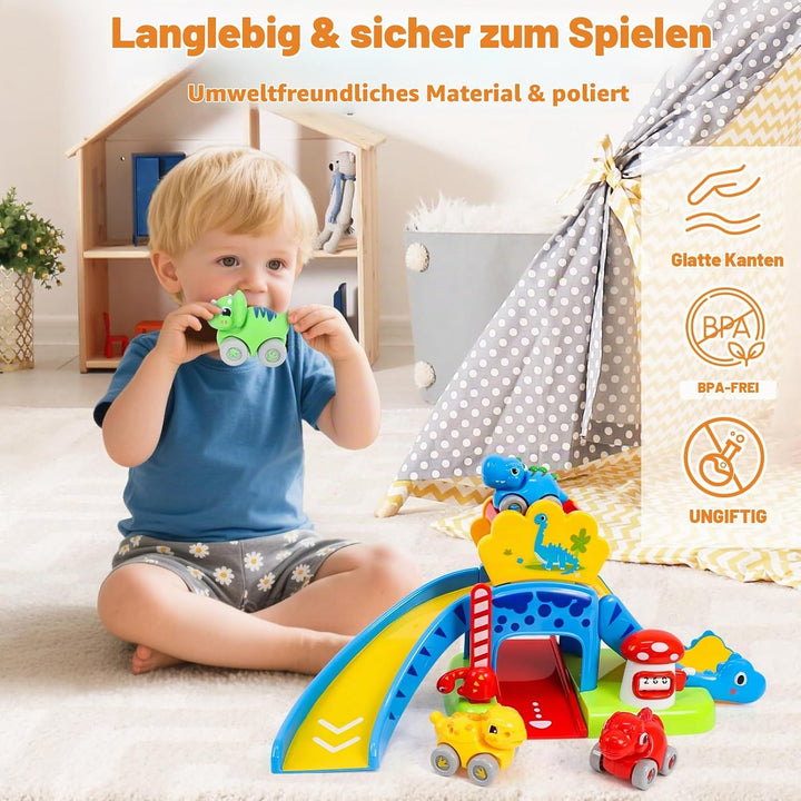 XIAPIA Baby Spielzeug ab 1 2 Jahr Dino Auto Kugelbahn, Geschenk für Junge Mädchen zum 1. Geburtstag,