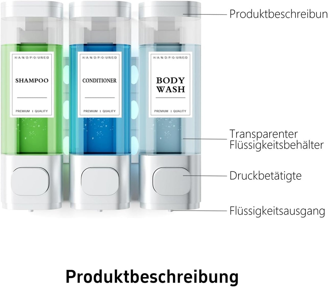3-Kammer-Wand Shampoo Spender für Dusche Jeweils 300 ml, Duschgel Spender Wand Ohne Bohren für Badez