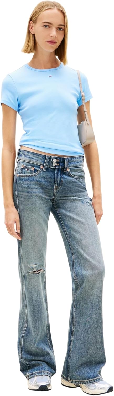 Tommy Jeans Damen T-Shirt Kurzarm Essential Rib Slim Fit XXL Blue (Light Powdery Blue), XXL Blue (Li