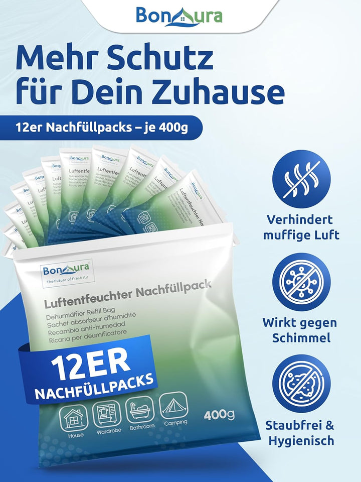 BonAura® Luftentfeuchter Nachfüllpack 12 x 400g - Mittleres Sparset Luftentfeuchter Granulat - 12er
