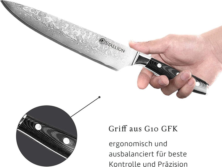 Stallion Damastmesser Wave Messerset - Messer aus Damaststahl mit Messerblock - mit MEISTERSCHLIFF M