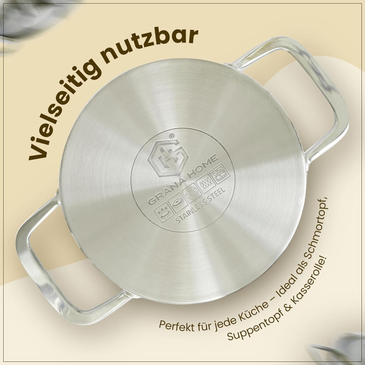 GRANA HOME Induktions Kochtopf aus 100% Edelstahl mit Deckel aus Glas mit Dampfloch, Bratentopf für