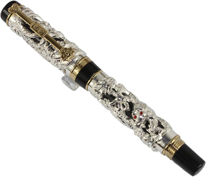 Gullor Edelste Drache und Phoenix Rollerball mit PU-Leder-Feder-Beutel - Silber und Schwarz Silver a