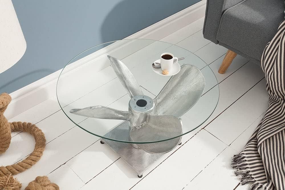 LEBENSwohnART Design Couchtisch ELICA 60cm Silber Aluminium Schiffsschraube Maritim Glasplatte