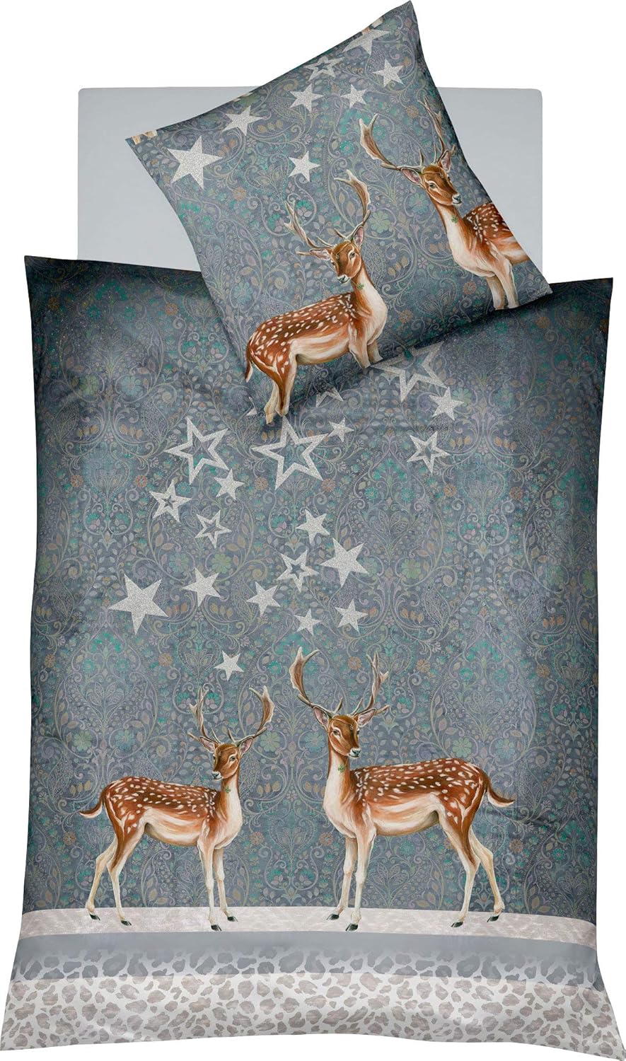 fleuresse Feinbiber Bettwäsche Aspen Rehe Silbergrau 1 Bettbezug 135 x 200 cm + 1 Kissenbezug 80 x 8