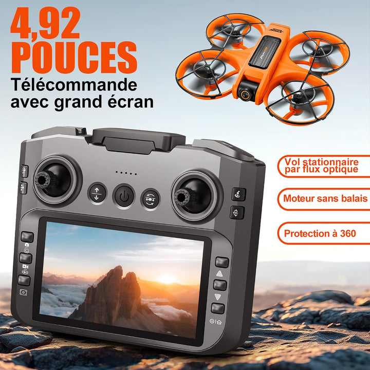 Drohne mit 4,9-Zoll-Bildschirm-Fernbedienung, HD-Dual-Kamera, bürstenlosem Motor, 360° Flips, optisc