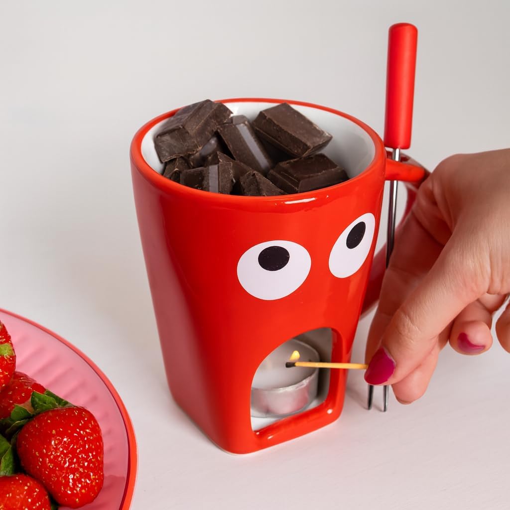 Fisura - Fondue Tasse für Schokolade und Käse, rote Keramiktasse 140 ml mit Gabel, originelle Gesche