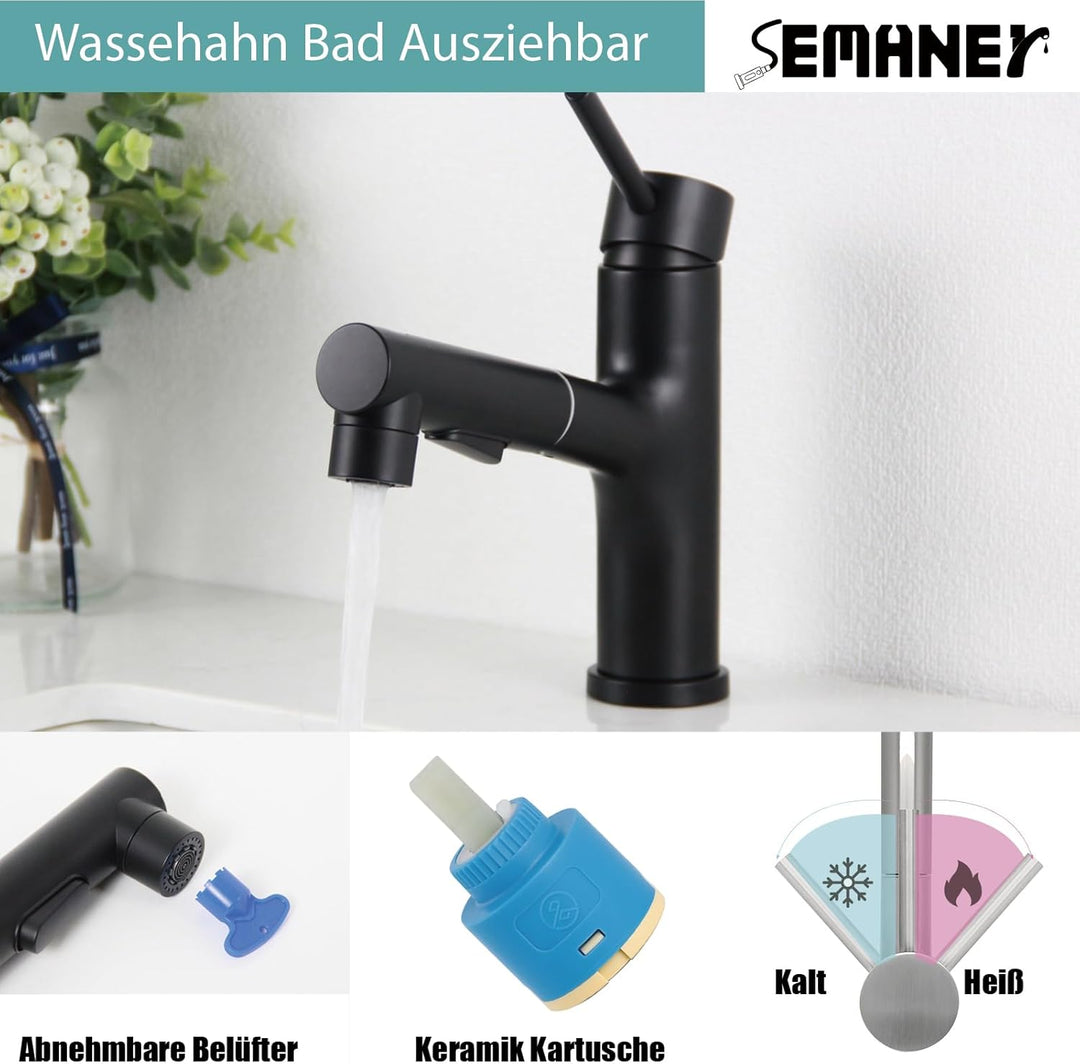 Wasserhahn Bad Schwarz, SEMANEY Waschtischarmatur mit Herausziehbarer Brause 3 Modi, Mischbatterie W