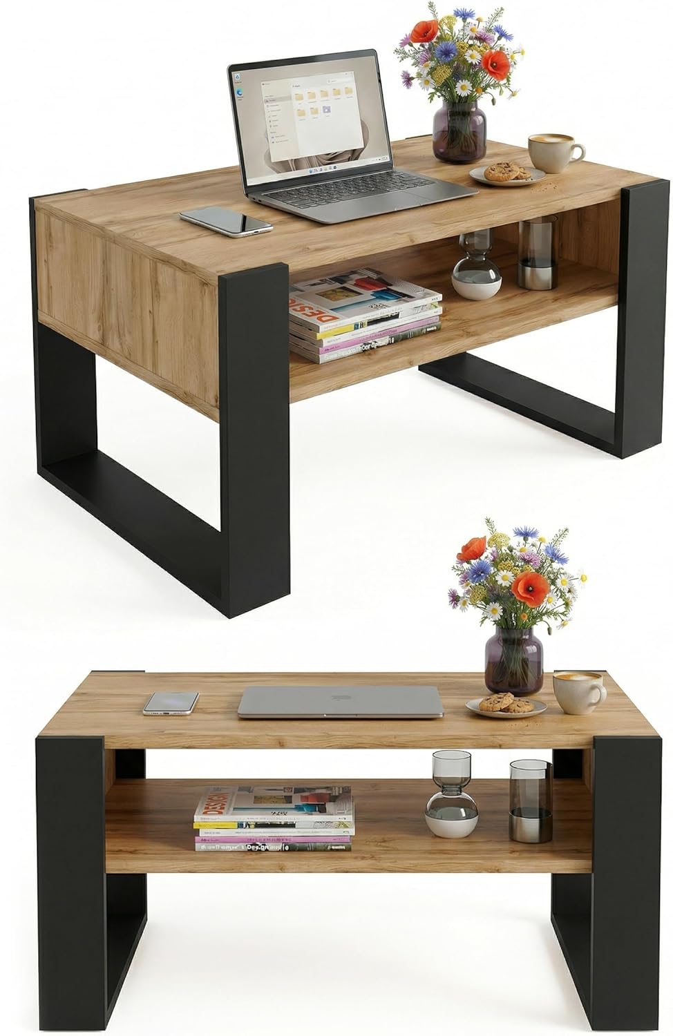 Couchtisch 92×53.6 cm – Wohnzimmertisch aus Holzwerkstoff, Stabiler & moderner Kaffeetisch mit zusät