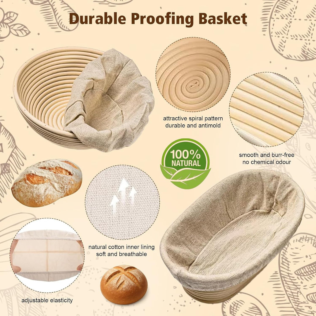 Sauerteig Starter Set Komplett Gärkörbchen Rund &amp; Oval aus Rattan | Teigbesen &amp; Schaber, Starterglas