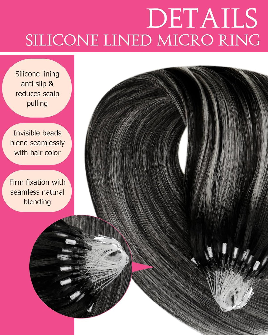 Hetto Balayage Micro Ring Extensions Echthaar Remy Micro Loop Echthaar Extensions Schwarz Mit Silver
