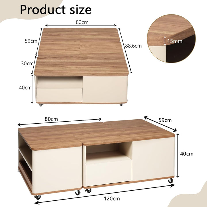Couchtisch mit Rollen, Wohnzimmertisch Holz mit 2 Schublade, Frei Arrangiert, Ausgefallene Couchtisc