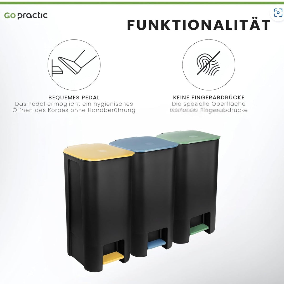 Treteimer Set 3x 40L, Tretmülleimer mit Pedal, Gelb, Grün, Blau Mülleimer, Mülltrennsystem für Papie